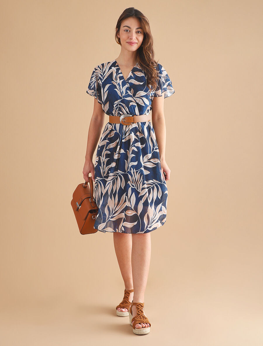 Robe longue élastiquée imprimé feuilles - Marine - 4