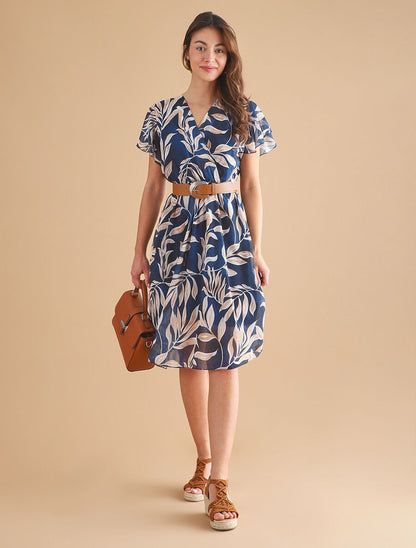 Robe longue élastiquée imprimé feuilles - Marine - 4