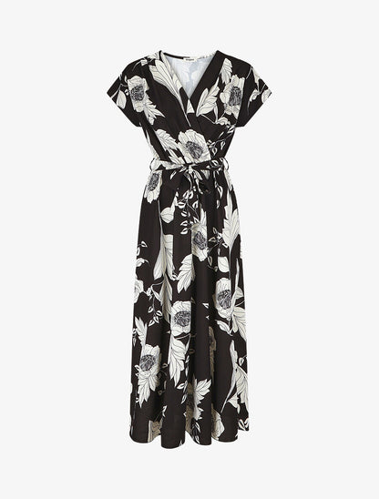 Robe longue imprimé floral à col cache-coeur - Noir - 1