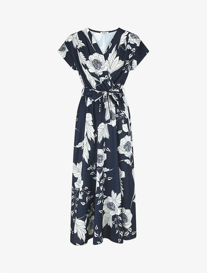 Robe longue imprimé floral à col cache-coeur - Marine - 1
