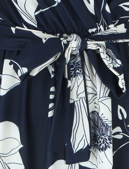 Robe longue imprimé floral à col cache-coeur - Marine - 3