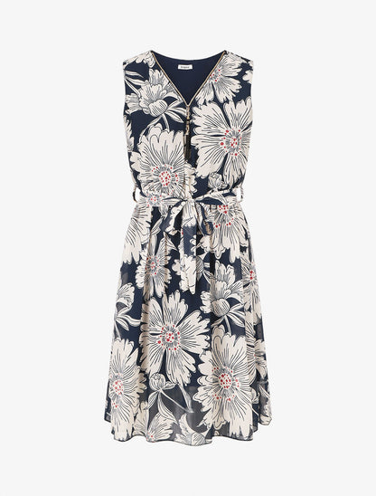Robe mi-longue imprimé fleuri - Marine - 1