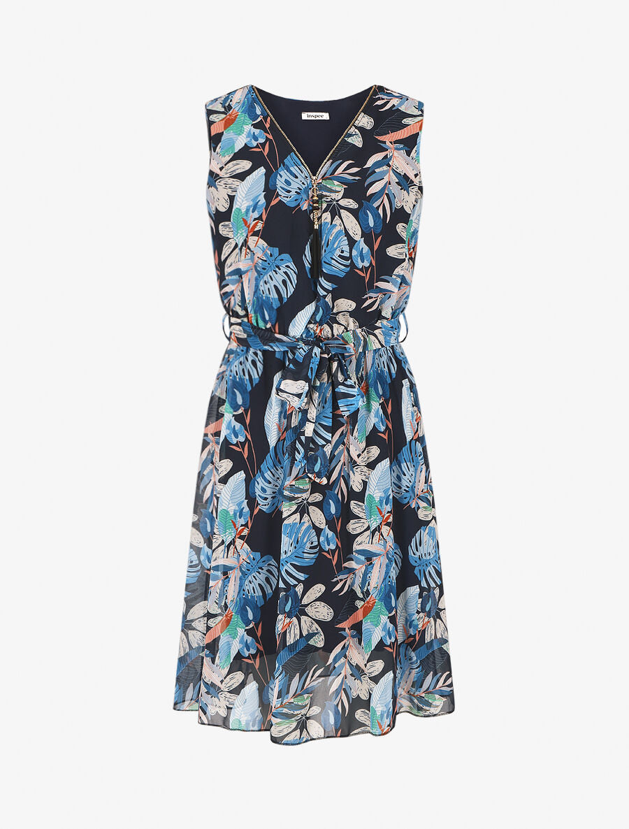 Robe mi-longue imprimé floral - Marine - 1