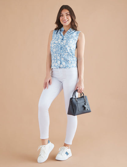 Top sans manches imprimé fleuri - Bleu - 4