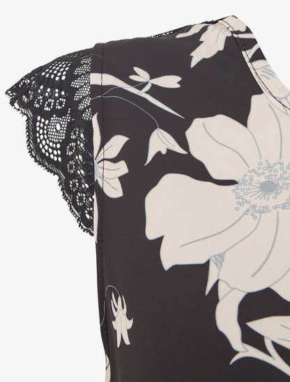 Top imprimé feuilles à détail dentelle - Noir - 3