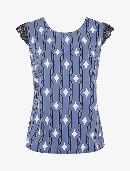 Top imprimé graphique à dos V en dentelle - Bleu - 4