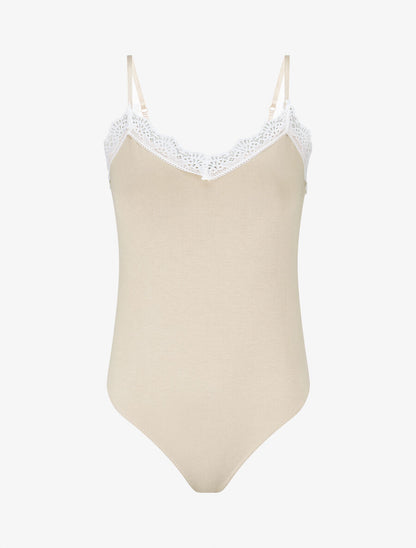Body uni à bretelles et col V dentelle - Beige - 1