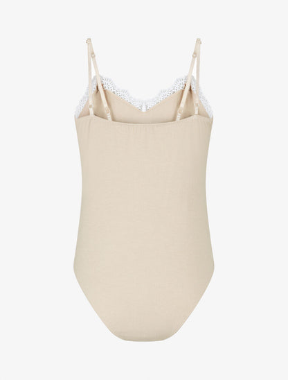 Body uni à bretelles et col V dentelle - Beige - 2