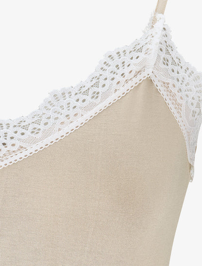 Body uni à bretelles et col V dentelle - Beige - 3
