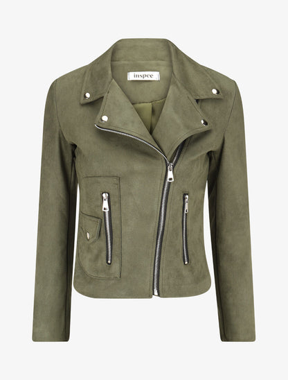 Veste en suédine à zip décoratif - Kaki - 4