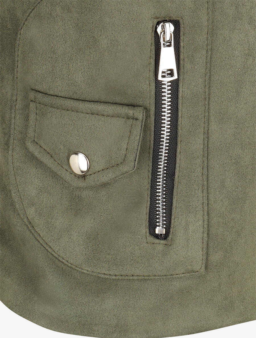 Veste en suédine à zip décoratif - Kaki - 3