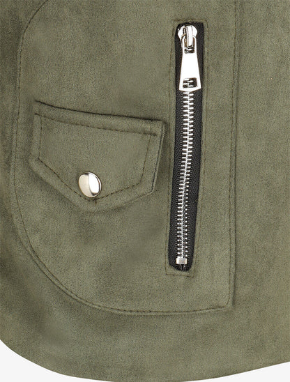 Veste en suédine à zip décoratif - Kaki - 3
