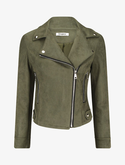 Veste en suédine à zips décoratifs et fermeture zippée - Kaki - 4
