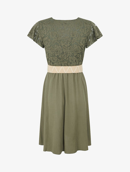 Robe mi-longue à buste brodé - Kaki - 2