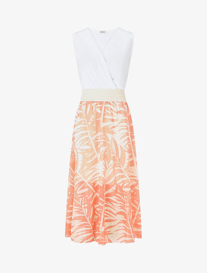Robe longue bi-matière sans manches imprimé végétal - Corail - 1