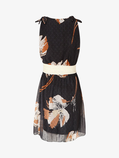 Robe mi-longue sans manches imprimé fleurs abstraites - Noir - 2