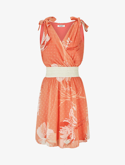 Robe mi-longue sans manches imprimé fleurs abstraites - Corail - 1