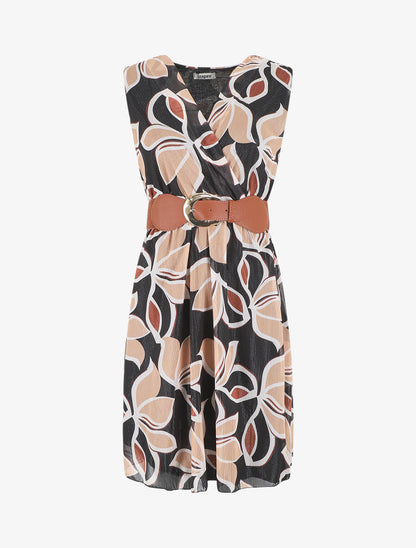 Robe élastiquée sans manches imprimé fleuri irisé - Noir - 5