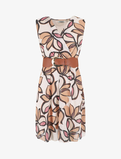 Robe élastiquée sans manches imprimé fleuri irisé - Beige - 1