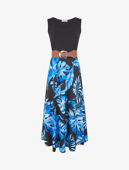 Robe longue évasée bi-matière imprimé tropical - Bleu - 1