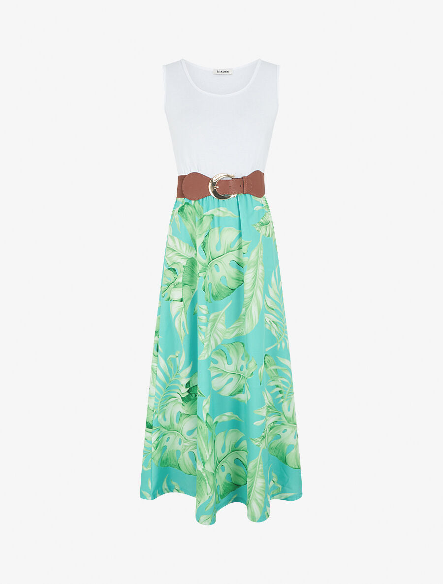 Robe longue évasée bi-matière imprimé tropical - Turquoise - 5