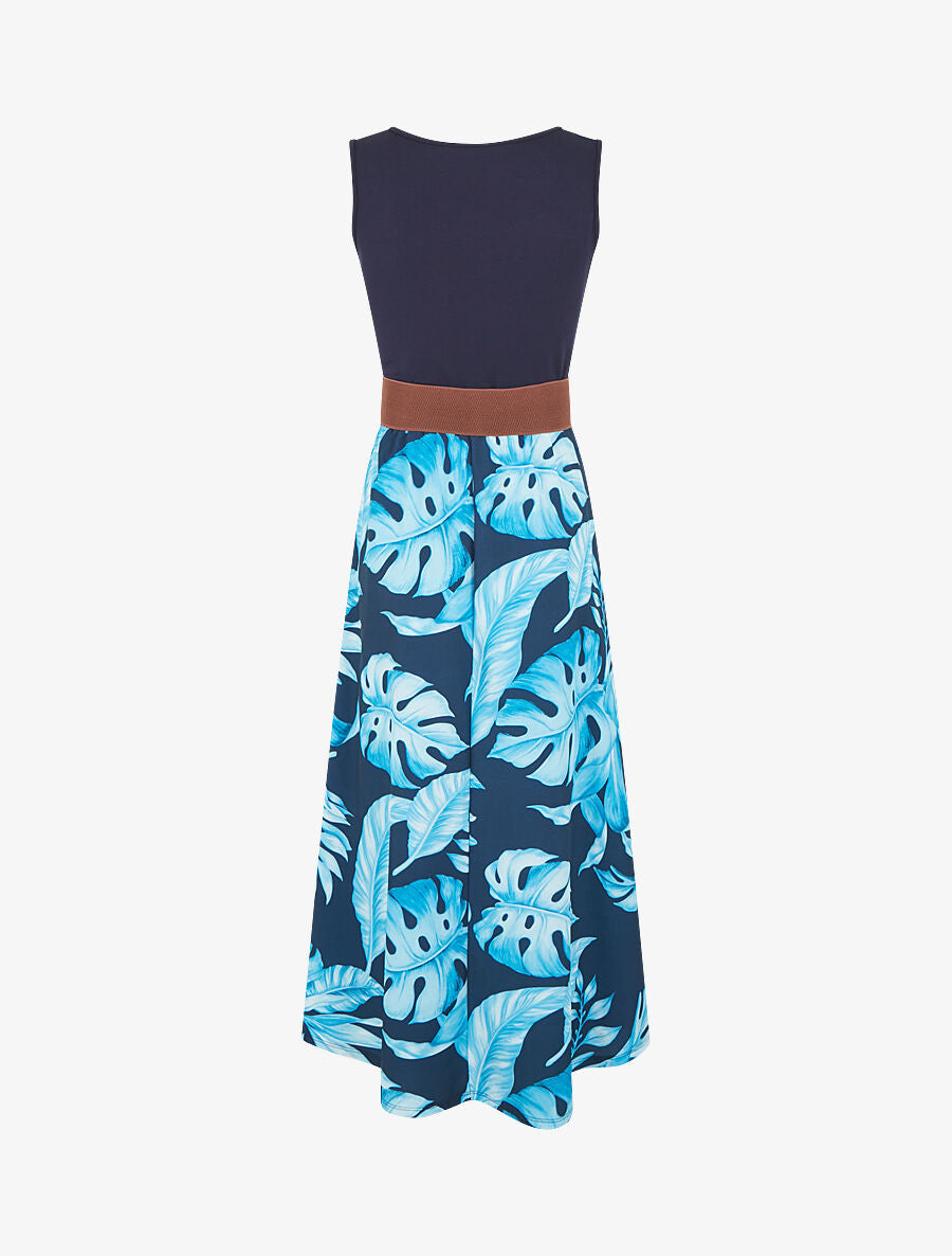 Robe longue évasée bi-matière imprimé tropical - Marine - 2