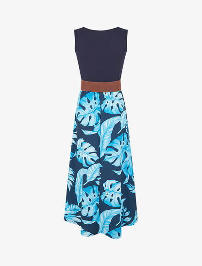 Robe longue évasée bi-matière imprimé tropical - Marine - 2