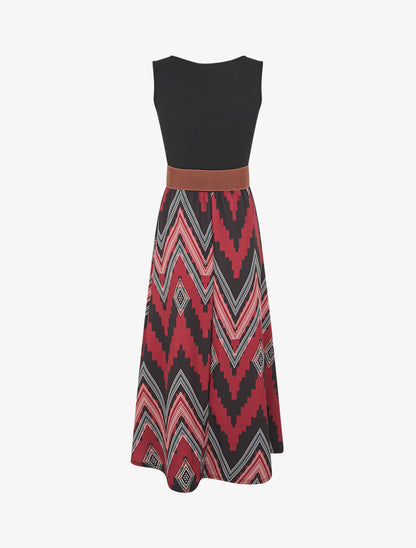 Robe longue évasée bi-matière imprimé graphique - Bordeaux - 2