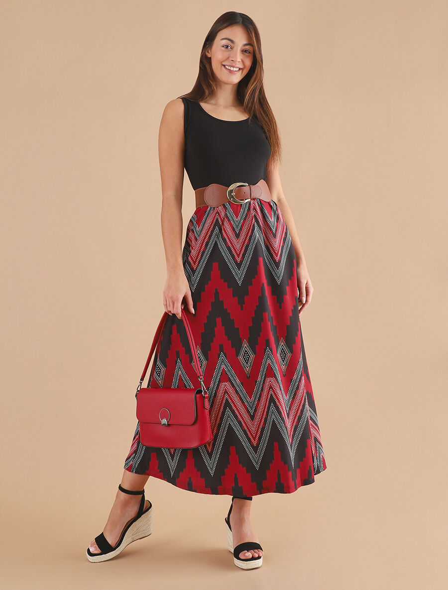 Robe longue évasée bi-matière imprimé graphique - Bordeaux - 4