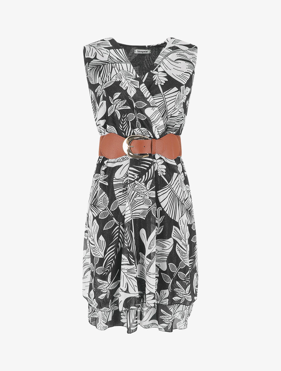 Robe élastiquée sans manches imprimé feuilles - Noir - 4