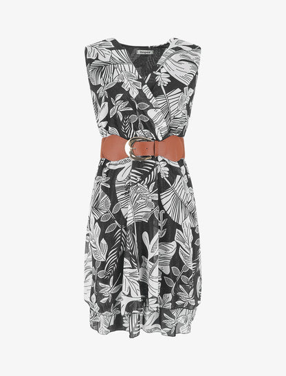 Robe élastiquée sans manches imprimé feuilles - Noir - 4