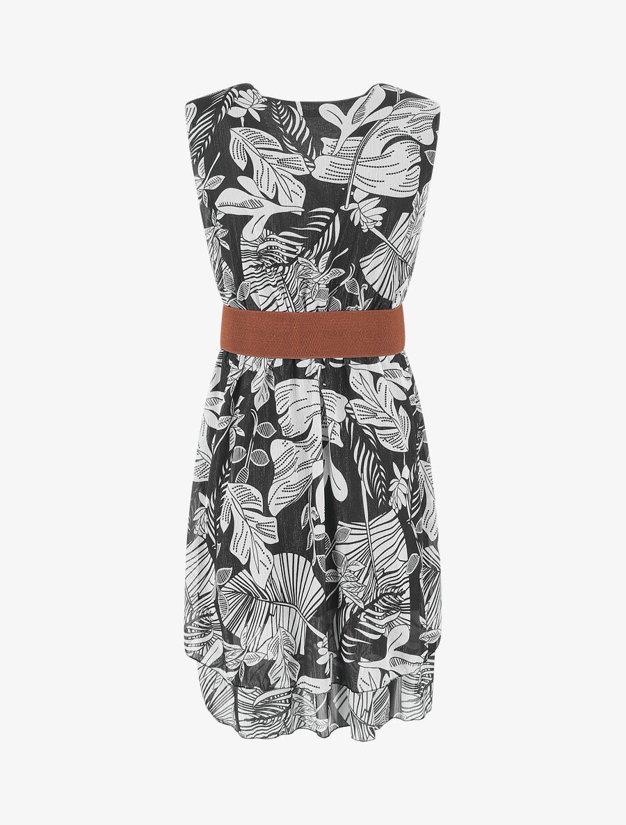 Robe élastiquée sans manches imprimé feuilles - Noir - 2