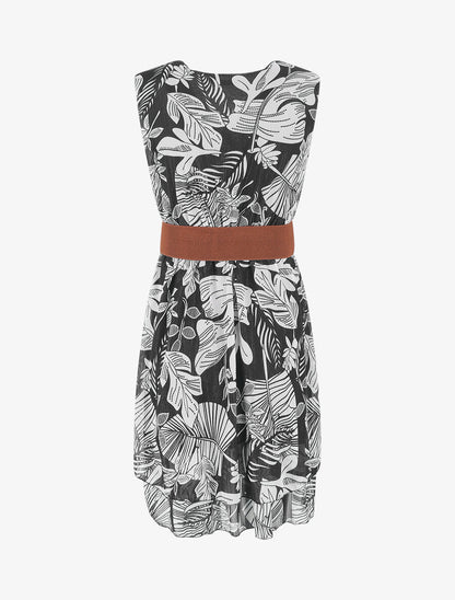 Robe élastiquée sans manches imprimé feuilles - Noir - 2