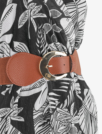 Robe élastiquée sans manches imprimé feuilles - Noir - 3