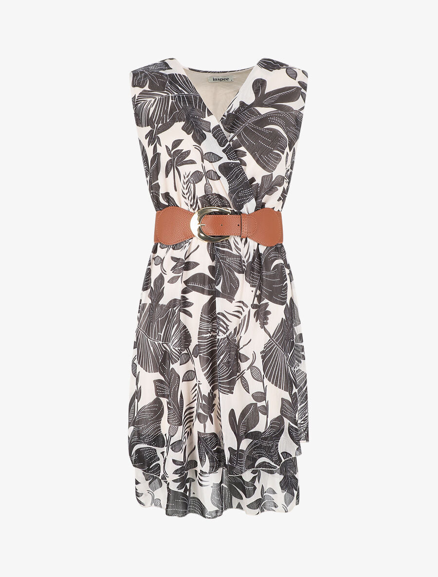 Robe élastiquée sans manches imprimé feuilles - Beige - 5