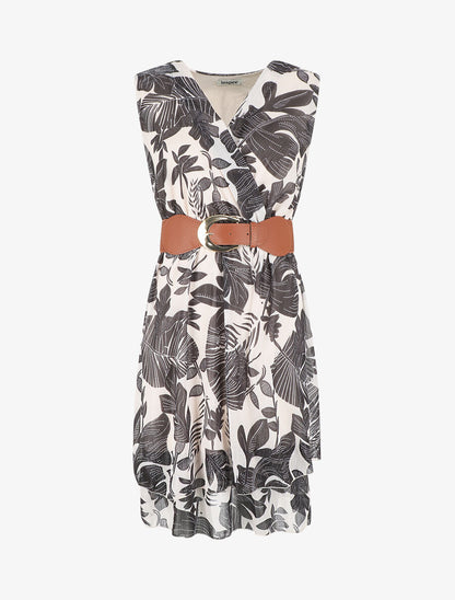 Robe élastiquée sans manches imprimé feuilles - Beige - 5