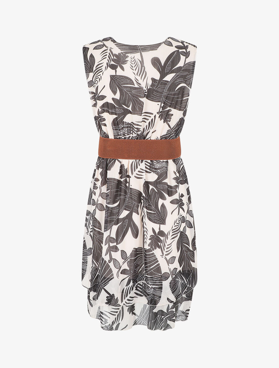 Robe élastiquée sans manches imprimé feuilles - Beige - 2