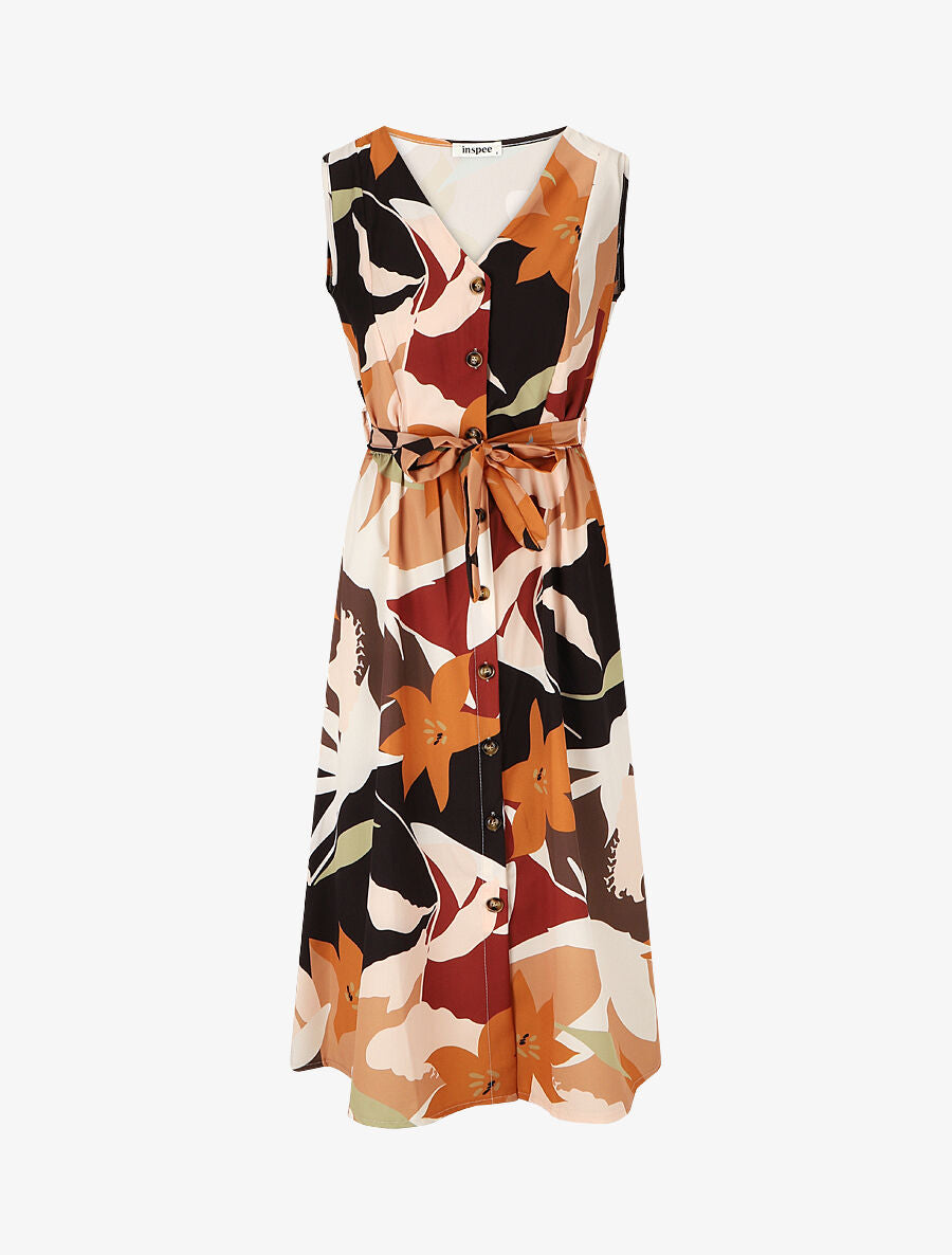Robe midi droite sans manches imprimé floral - Noir - 4
