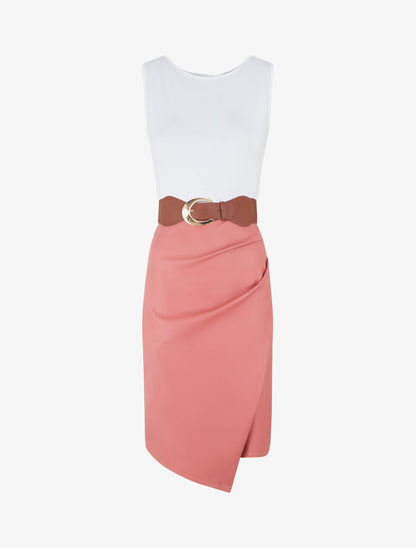 Robe midi bi-matière sans manches - Rose - 4