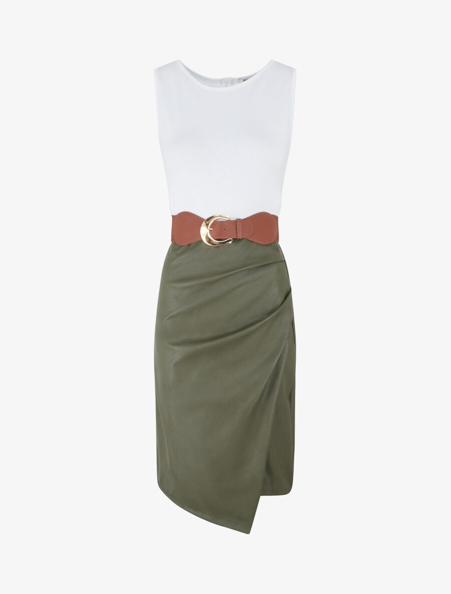 Robe midi bi-matière sans manches - Kaki - 1
