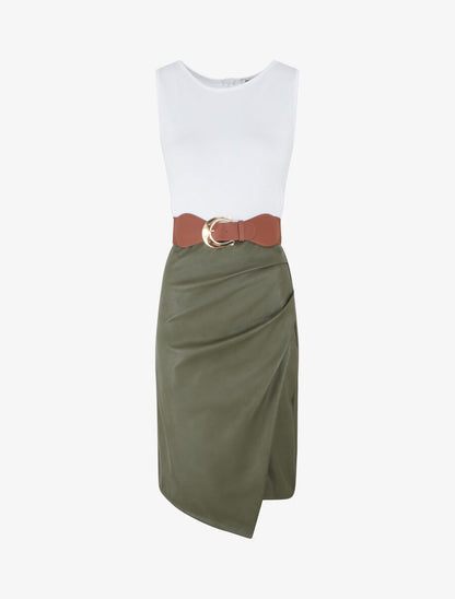Robe midi bi-matière sans manches - Kaki - 1