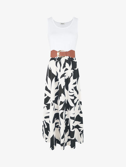 Robe longue à jupe imprimé feuillage - Noir - 1