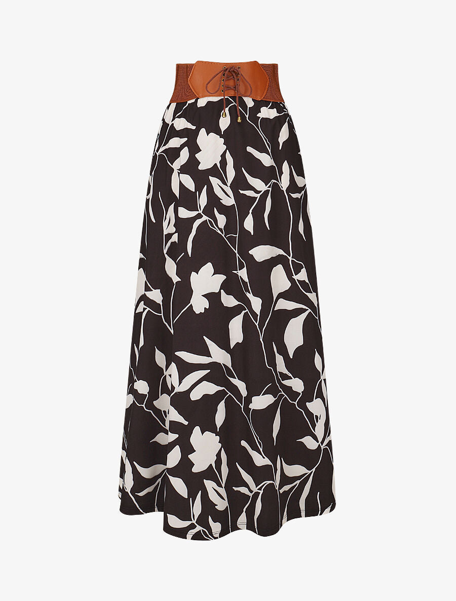 Jupe longue taille haute élastiquée imprimé fleurs abstraites - Noir - 1