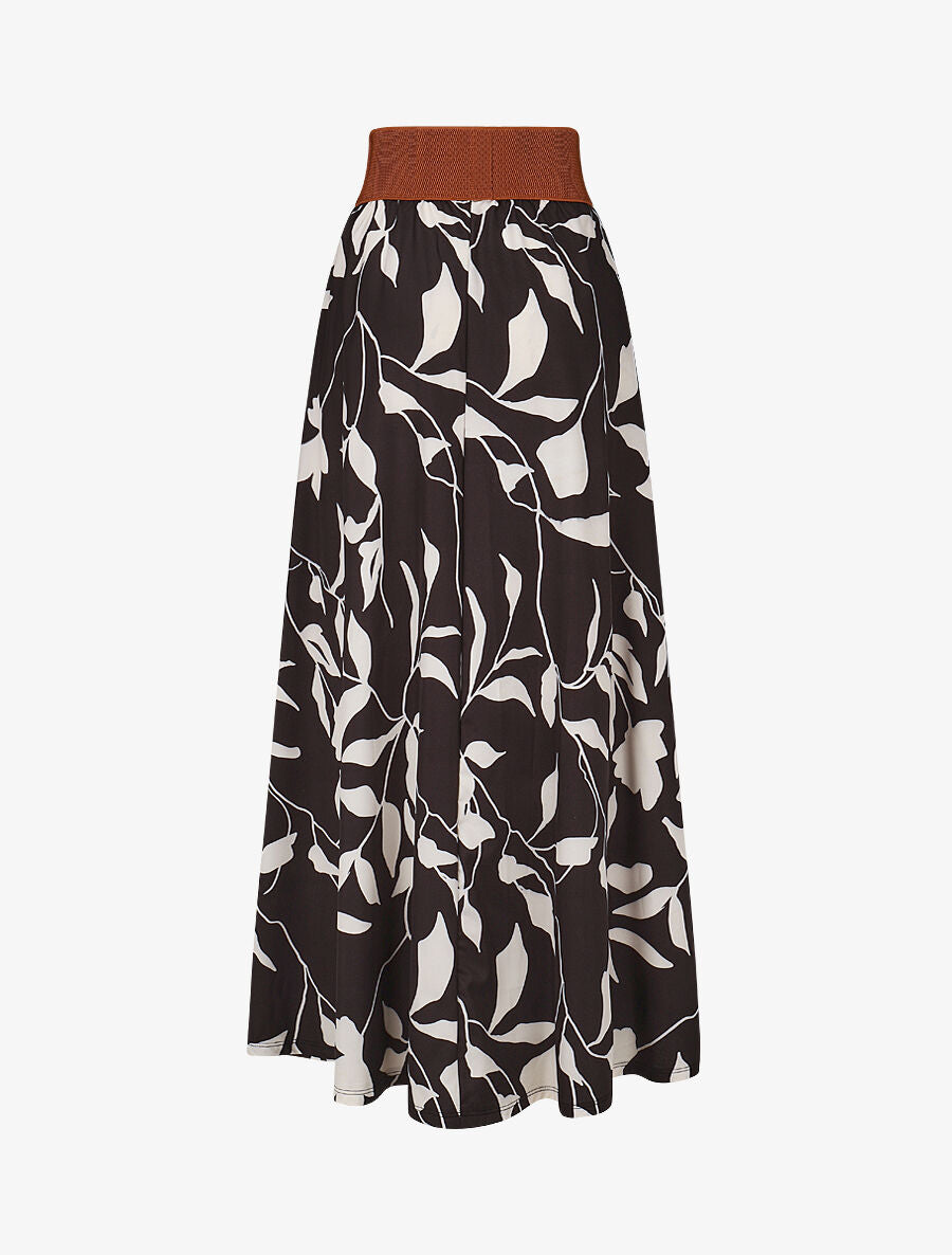 Jupe longue taille haute élastiquée imprimé fleurs abstraites - Noir - 2
