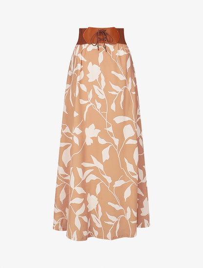Jupe longue taille haute élastiquée imprimé fleurs abstraites - Beige rosé - 4