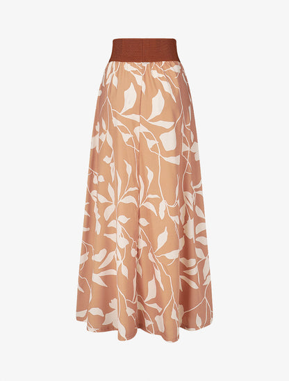 Jupe longue taille haute élastiquée imprimé fleurs abstraites - Beige rosé - 2
