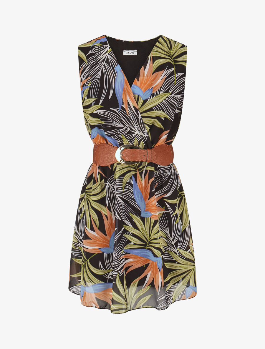 Robe évasée sans manches imprimé tropical - Noir/vert - 1