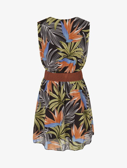 Robe évasée sans manches imprimé tropical - Noir/vert - 2