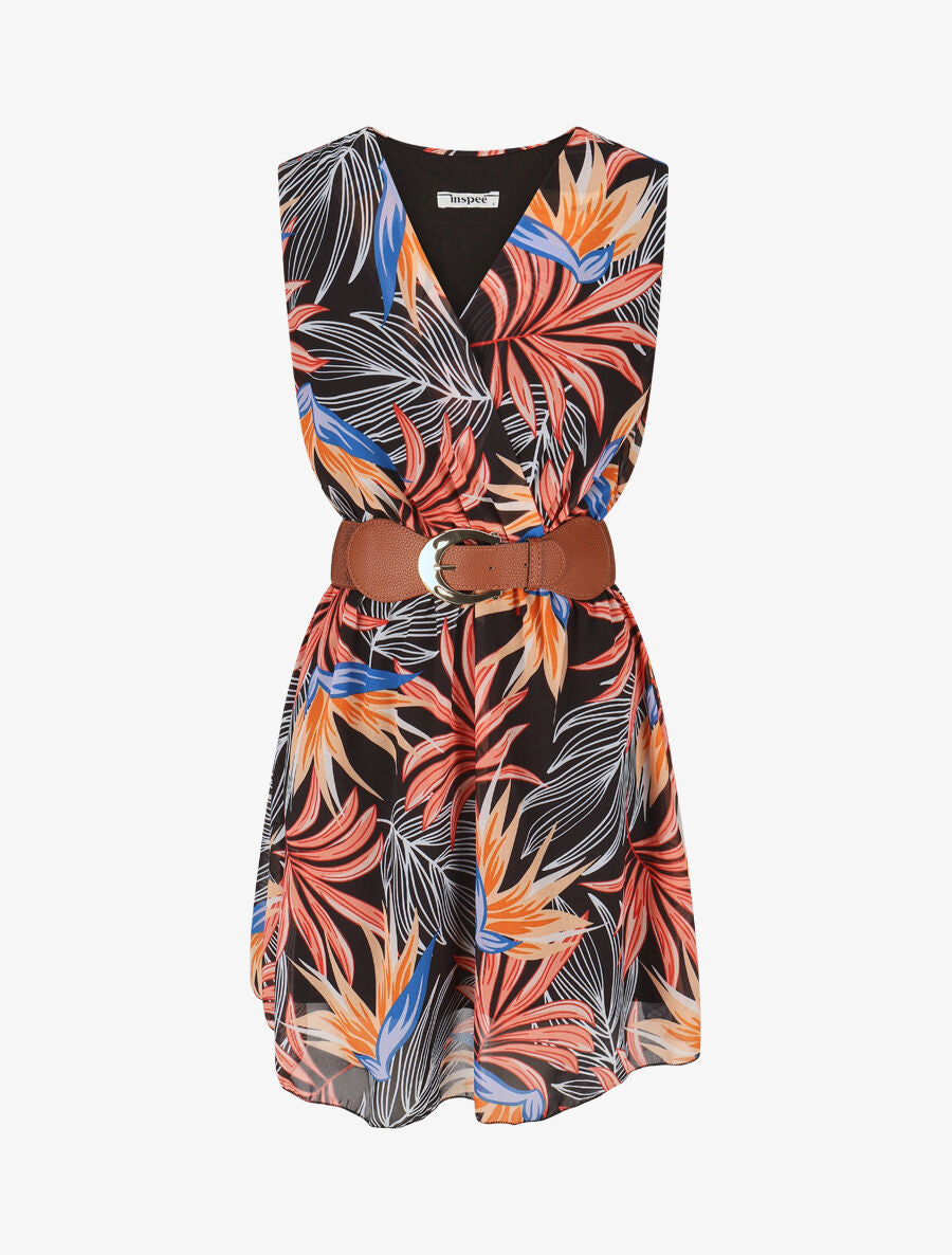 Robe évasée sans manches imprimé tropical - Noir/orange - 1