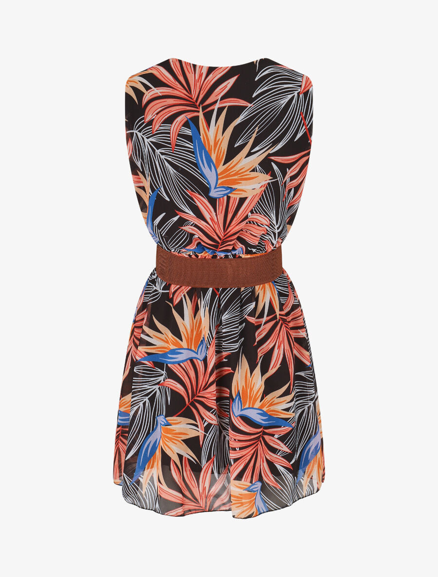 Robe évasée sans manches imprimé tropical - Noir/orange - 2